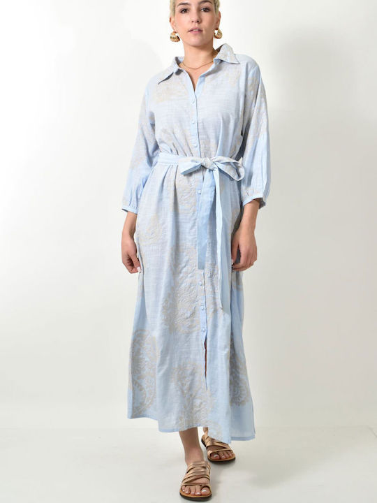 Long Ruffle Buttoned Belted Caftan Sky Blue 24143