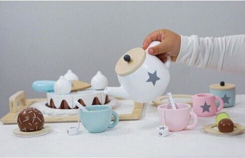 Children's Wooden Tea Set Zola Montessori Role Play Accessories Included Cream Brown
