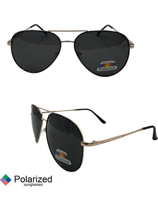 V-store Unisex Sunglasses with Gold Metal Frame and Black Polarized Mirror Lens