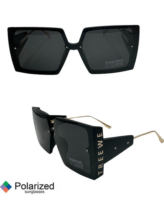 V-store Women's Sunglasses with Black Metal Frame and Black Polarized Mirror Lens