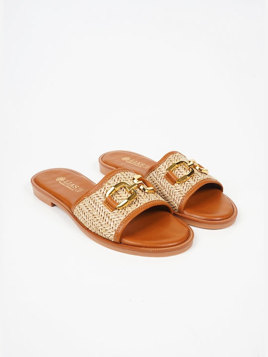 Straw Sandals with Buckles Tan 15092