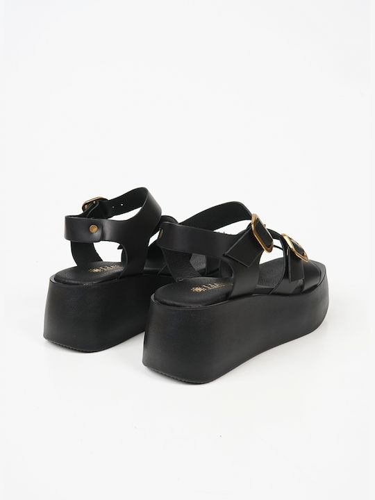 Leather Flatforms Multiple Straps Black 18880