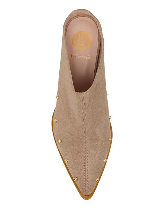 Iathens Suede Mules με Τακούνι σε Μπεζ Χρώμα