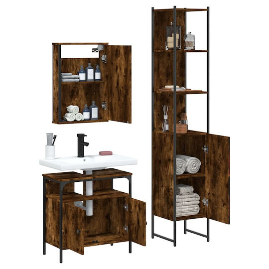 vidaXL Waschtisch mit Waschbecken, Spiegel & Säule L42xB12xH60cm Smoky Oak
