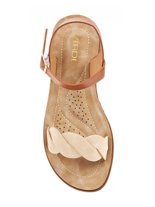 Verde Women's Flat Sandals with Strap in Beige Color