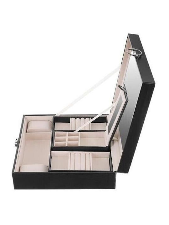 Jewellery Box from Faux Leather with Mirror Black 25.5x25.5x9cm