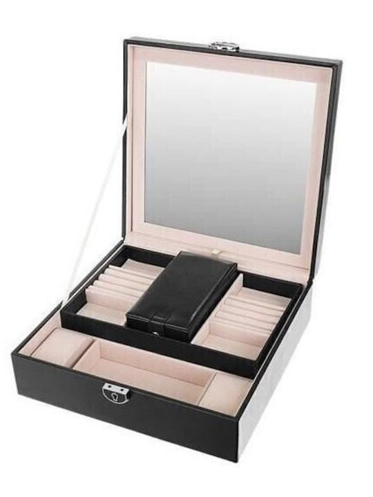 Jewellery Box from Faux Leather with Mirror Black 25.5x25.5x9cm