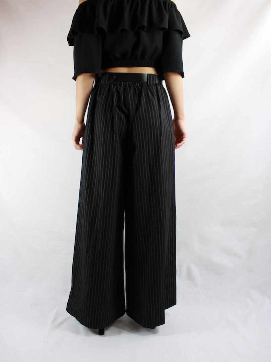 Sinell Women's Wide Fabric Trousers with Pleats, Elastic at the Back, Belt, Striped Black