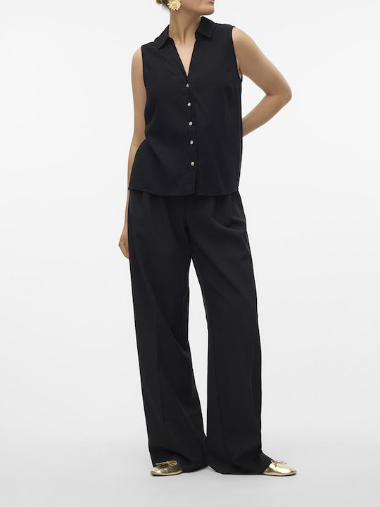 Ärmellos Damen Leinen Hemd Black
