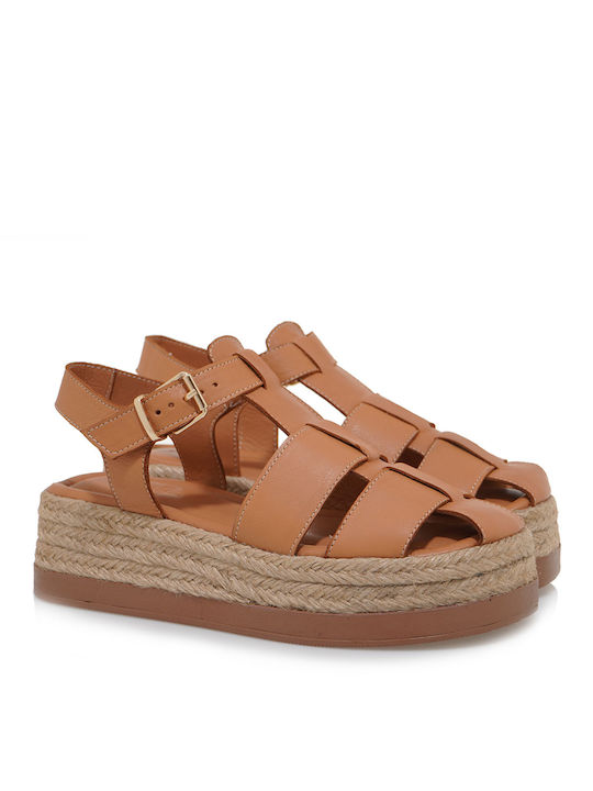 Leather Women's Flat Sandals in Tabac Brown Color