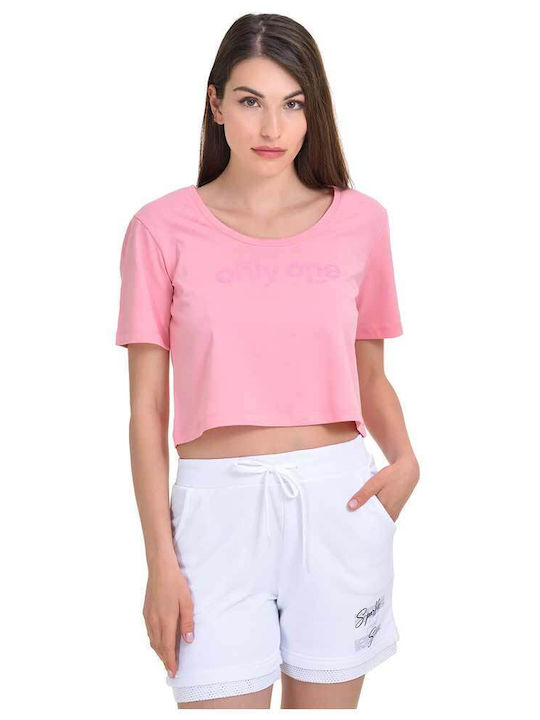 Women's Summer Cropped Cotton Short Sleeve Pink Top
