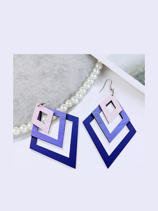 Cercei geometrici din lemn cu 3 diamante mov 11 x 6 cm