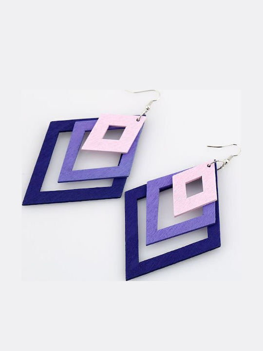 Cercei geometrici din lemn cu 3 diamante mov 11 x 6 cm