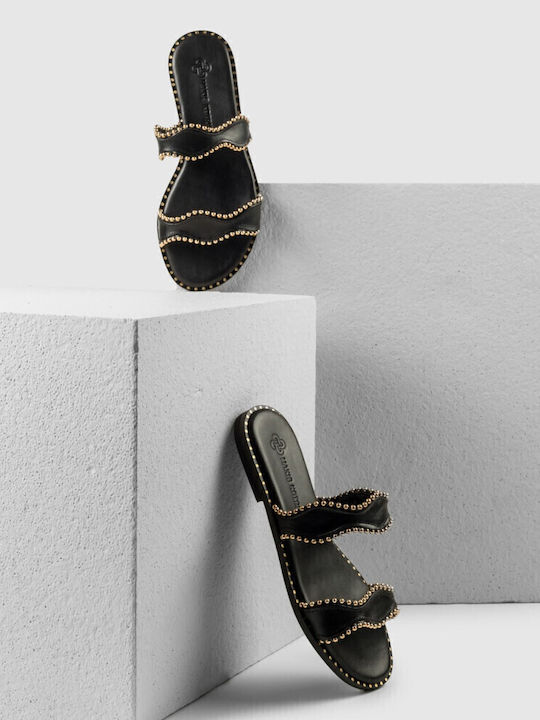 Leather Women's Flat Sandals in Black Color