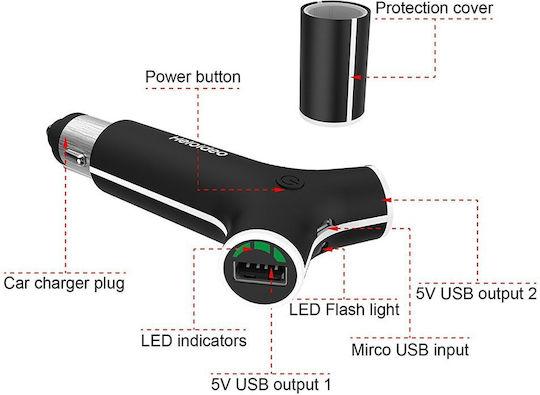 Φορτιστής Αυτοκινήτου με Θύρες: 2xUSB-A μαζί με Καλώδιο Micro-USB Μαύρο Χρώμα