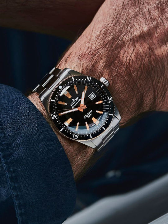 Edox Ανδρικό Ρολόι 42mm Αυτόματο με Γκρι Μεταλλικό Μπρασελέ