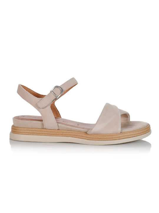 Tamaris Leder Damen Flache Sandalen Flatforms in Beige Farbe