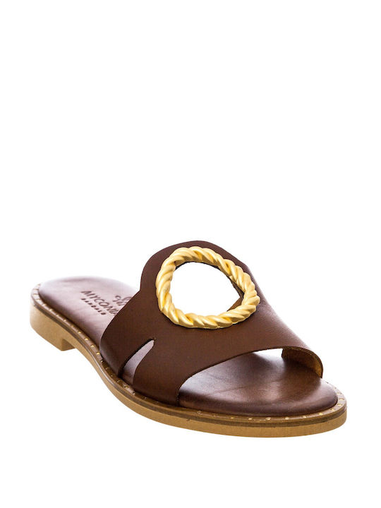 Tsoumpas Leather Women's Flat Sandals in Tabac Brown Color