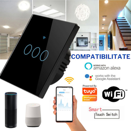 rezistent la apă Încastrat Comutator de Perete Wi-Fi Comenzi Triplu cu Cadru Negru