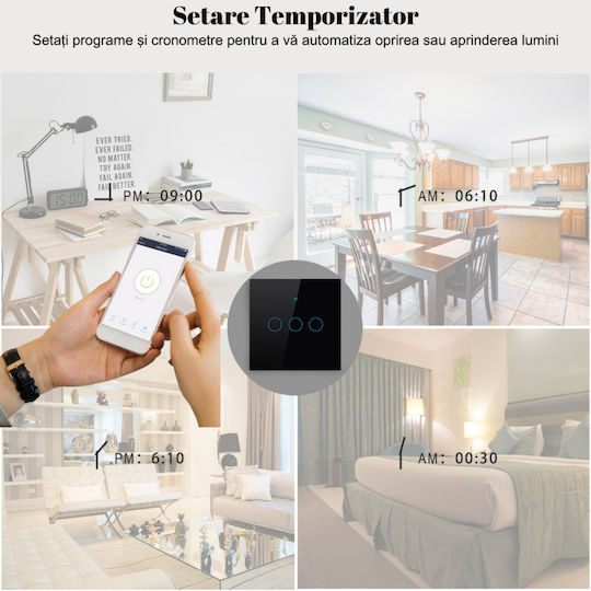 rezistent la apă Încastrat Comutator de Perete Wi-Fi Comenzi Triplu cu Cadru Negru
