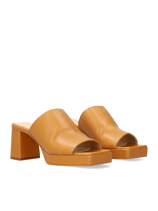 Leather Mules with Chunky High Heel in Brown Color