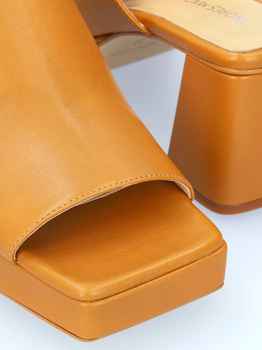 Leather Mules with Chunky High Heel in Brown Color