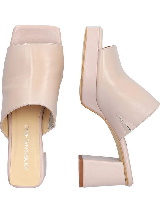 Leather Mules with Chunky High Heel in Beige Color