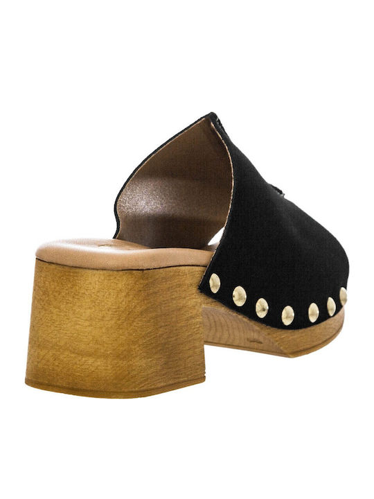 Suede Mules με Τακούνι σε Μαύρο Χρώμα