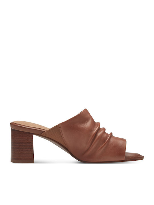 Leather Mules with Chunky Low Heel in Tabac Brown Color