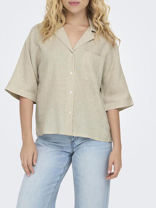 Only Women's Linen Short Sleeve Shirt Ecru