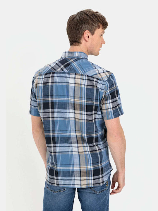 Camel Active Men's Shirt Short Sleeve Cotton Checked Plaid Blue