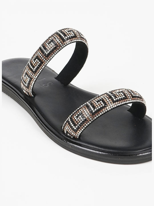 Piazza Shoes Leather Women's Flat Sandals in Black Color