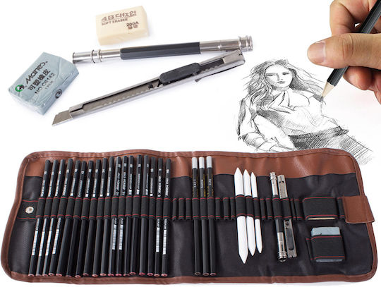 Set de Unelte pentru Schițare Zola Cutie de Depozitare din Lemn Negru Maro 29 Piese