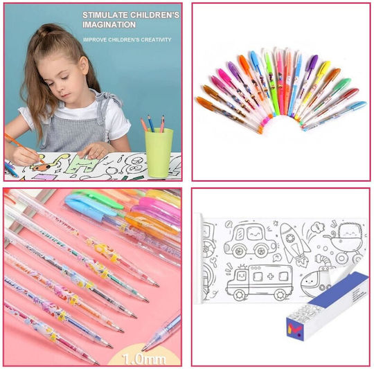 Set creativ pentru copii, rola de hârtie autoadezivă, set de design cu mașini, 36 de creioane parfumate cu gel și sclipici