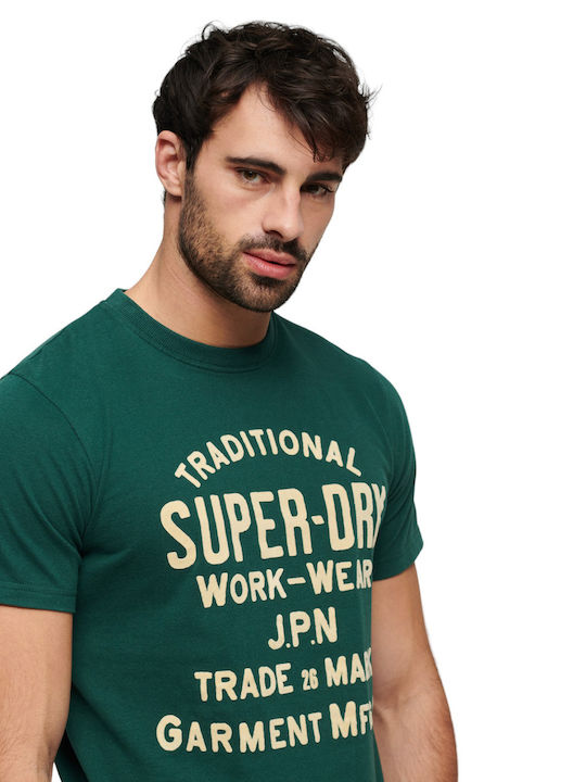 Superdry M D3 Ovin Workwear Flock T-shirt Bărbătesc cu Mânecă Scurtă Verde