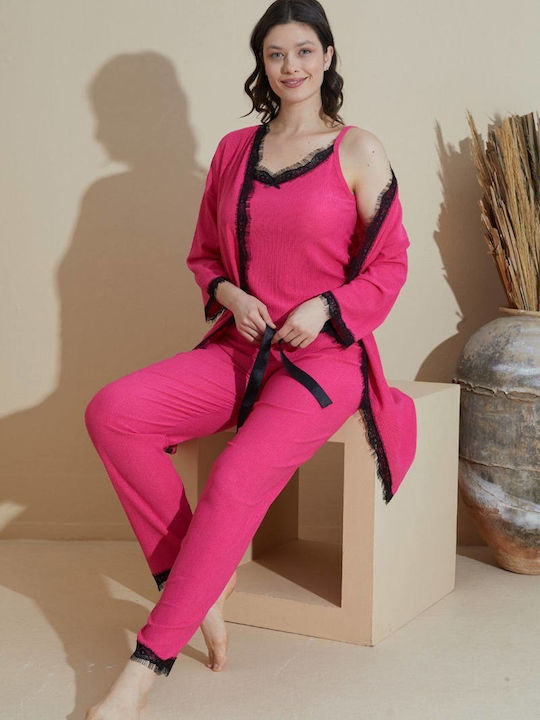 Damen-Pyjama-Set 3-teilig 10428 Fuchsia