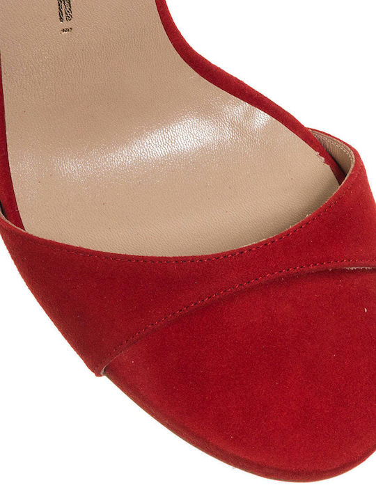 Mourtzi Suede Women's Sandals Red with High Heel