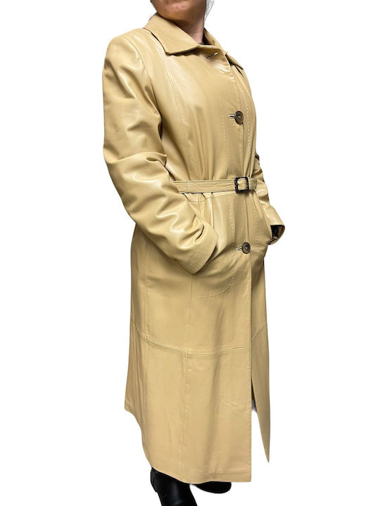 MARKOS LEATHER Women's Leather Long Coat with Buttons beige