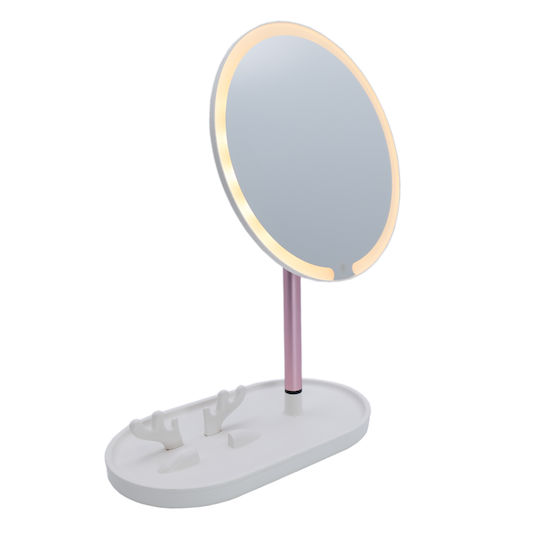 Tabletop LED Lighted Makeup Mirror Round with Phone Holder, Adjustable Mirror and Lighting Angle, USB Cable Connection 24x14x35cm
