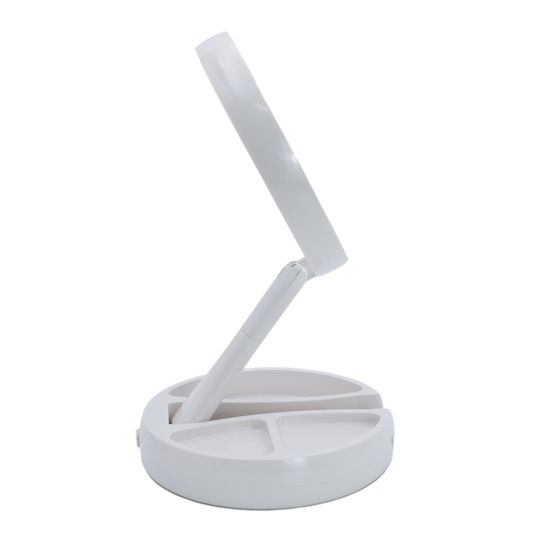 Oglindă de machiaj iluminată cu LED, rotundă, pe masă, cu spațiu de depozitare pentru cosmetice și bijuterii, albă, 15.5x15.5x28cm