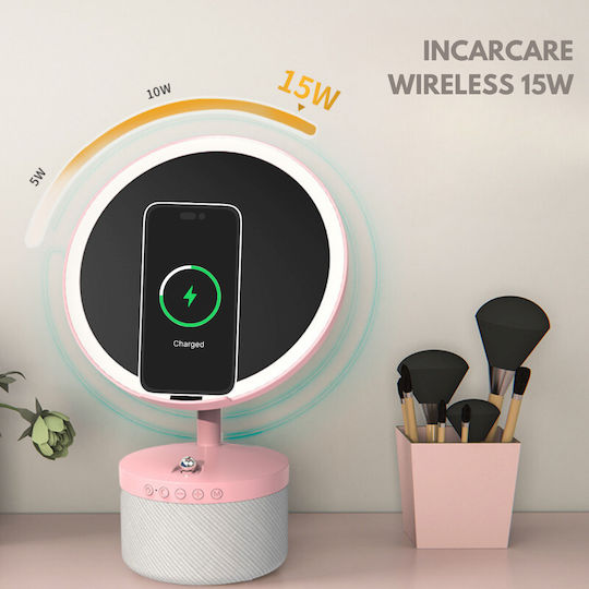 Cosmetic Mirror Led Lighting Makeup Bluetooth Speaker 15w Wireless Phone Charger 7 Rgb Colors 3 Adjustable Temperature Levels Adjustable Intensity Sensor Magnifying Glass