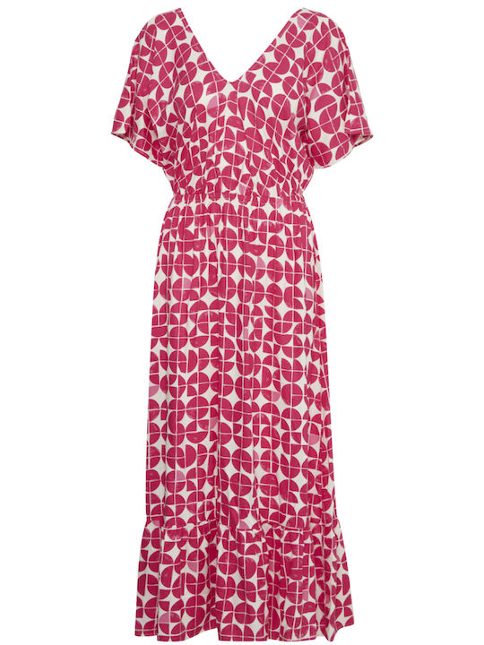 ICHI Midi Rochie cu Volane Fuchsia/ecru