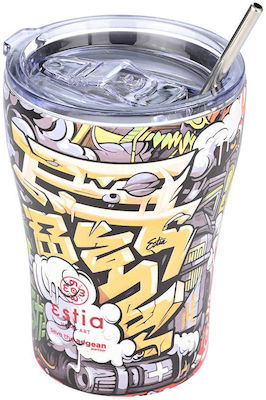 Estia Coffee Mug Save The Aegean Recycelbar Glas Thermosflasche Rostfreier Stahl BPA-frei GRAFFITI RHYTHM 350ml mit Stroh