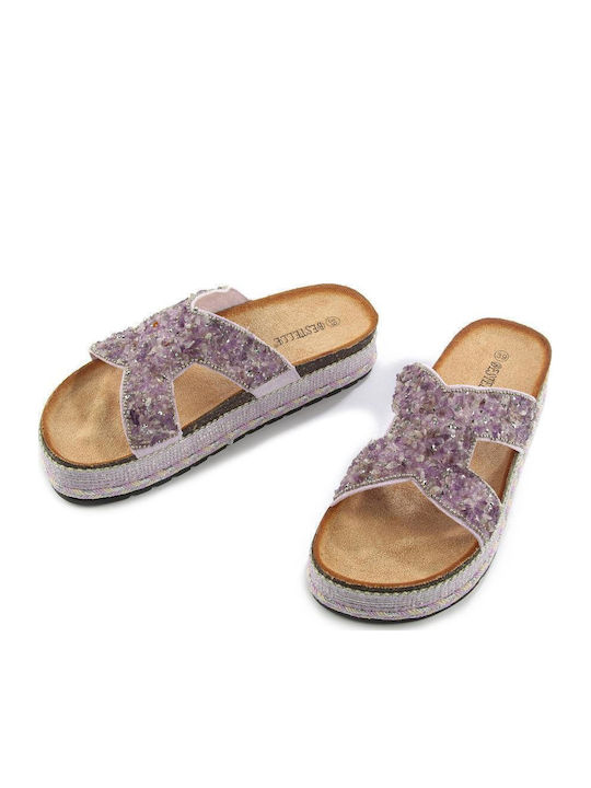 Παντόφλα Flatform Διακοσμητικές Πέτρες Fshoes Ls086.12 Fshoes Μωβ