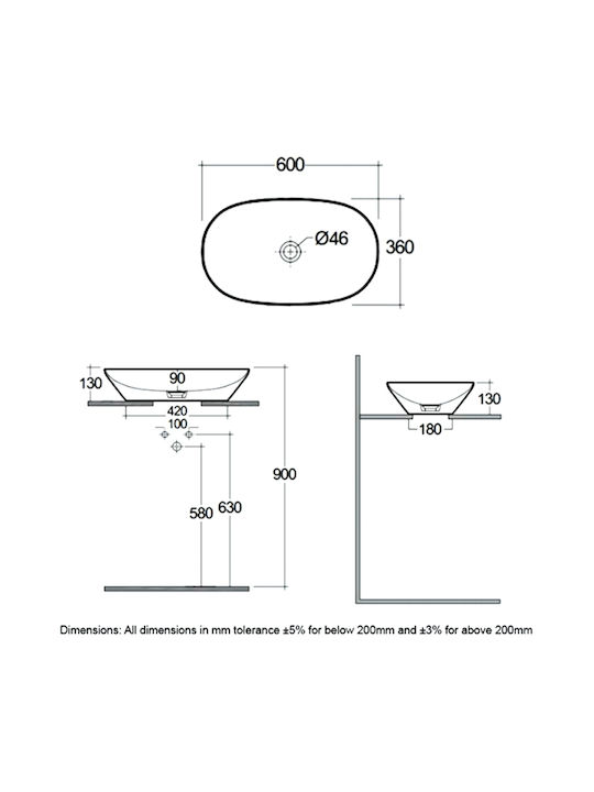 Rak Ceramics Variant Επικαθήμενος Νιπτήρας Πορσελάνης 60x36cm Λευκός