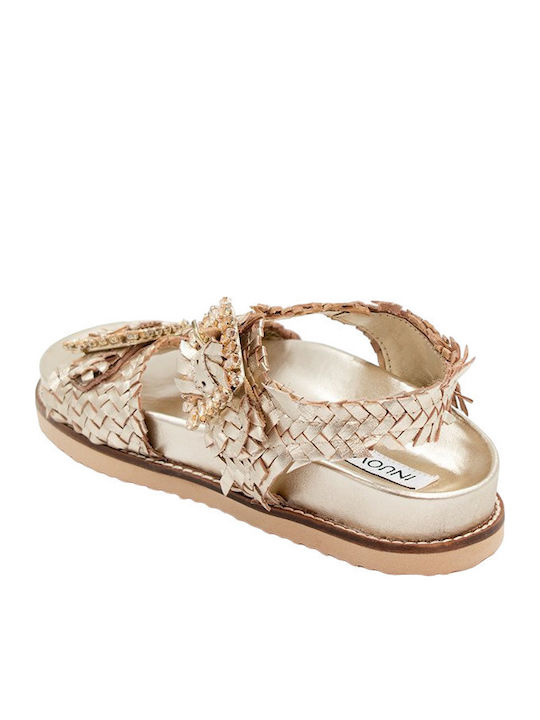 Leather Women's Flat Sandals in Gold Color