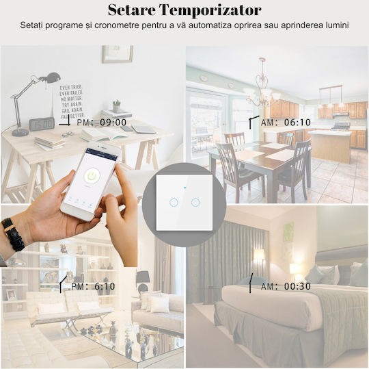 Comutator De Perete Electric Încastrat Rezistent La Apă Tactil Wi-Fi Cu Comenzi Alb