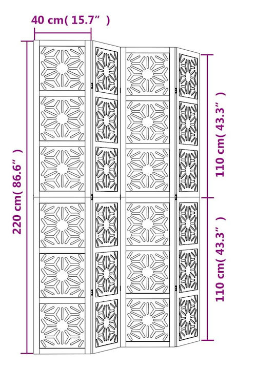 vidaXL Decorativ Paravan Lemn cu 4 Panouri 140x220cm