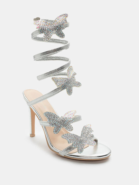 Luigi Synthetic Leather Women's Sandals with Strass Silver with High Heel