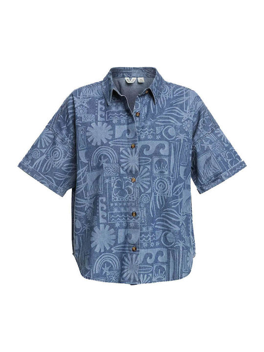 Beach Nostalgia Women's Denim Short Sleeve Shirt Blue